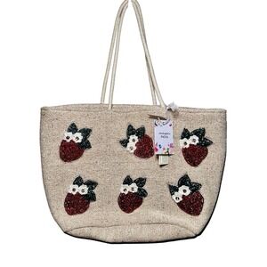 Handcrafted‎ Artisan Beaded STRAWBERRY Canvas Tote Summer Beach A&B Viral TJMaxx